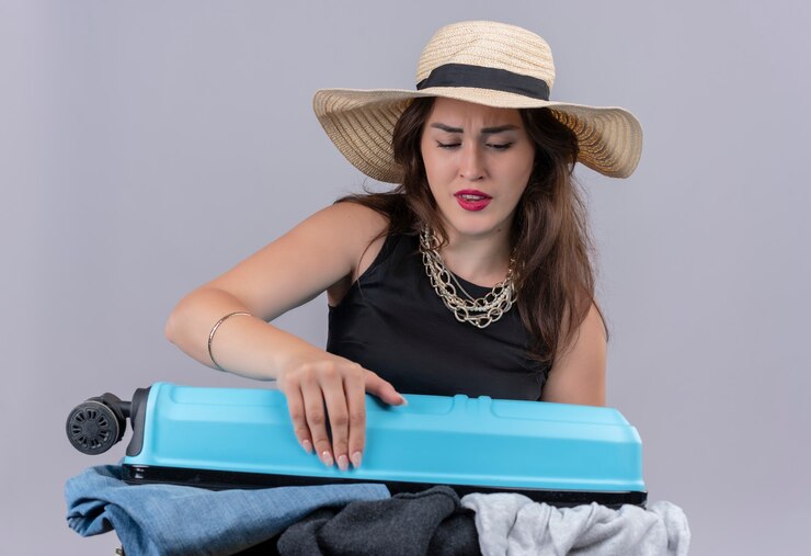 sad-young-female-traveler-wearing-black-undershirt-hat-holding-open-suitcase-white-wall_141793-26929